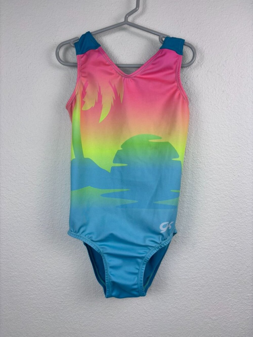 GK Elite child large blue sunset patterned sleeveless gymnastics leotard dance